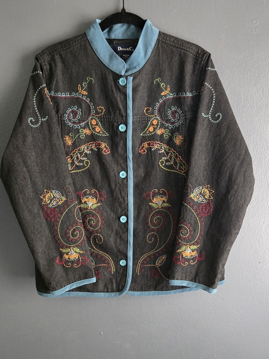 Denim&Co Jackets & Blazers - Denim&Co Vtg Embroidered Cotton Black Western Boho Whimsigoth Jean Jacket Medium